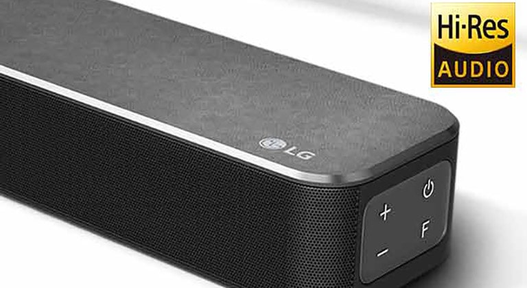 Close-up of LG Soundbar right side with LG logo shown on the bottom right corner. Hi-Res logo shown above the product. 