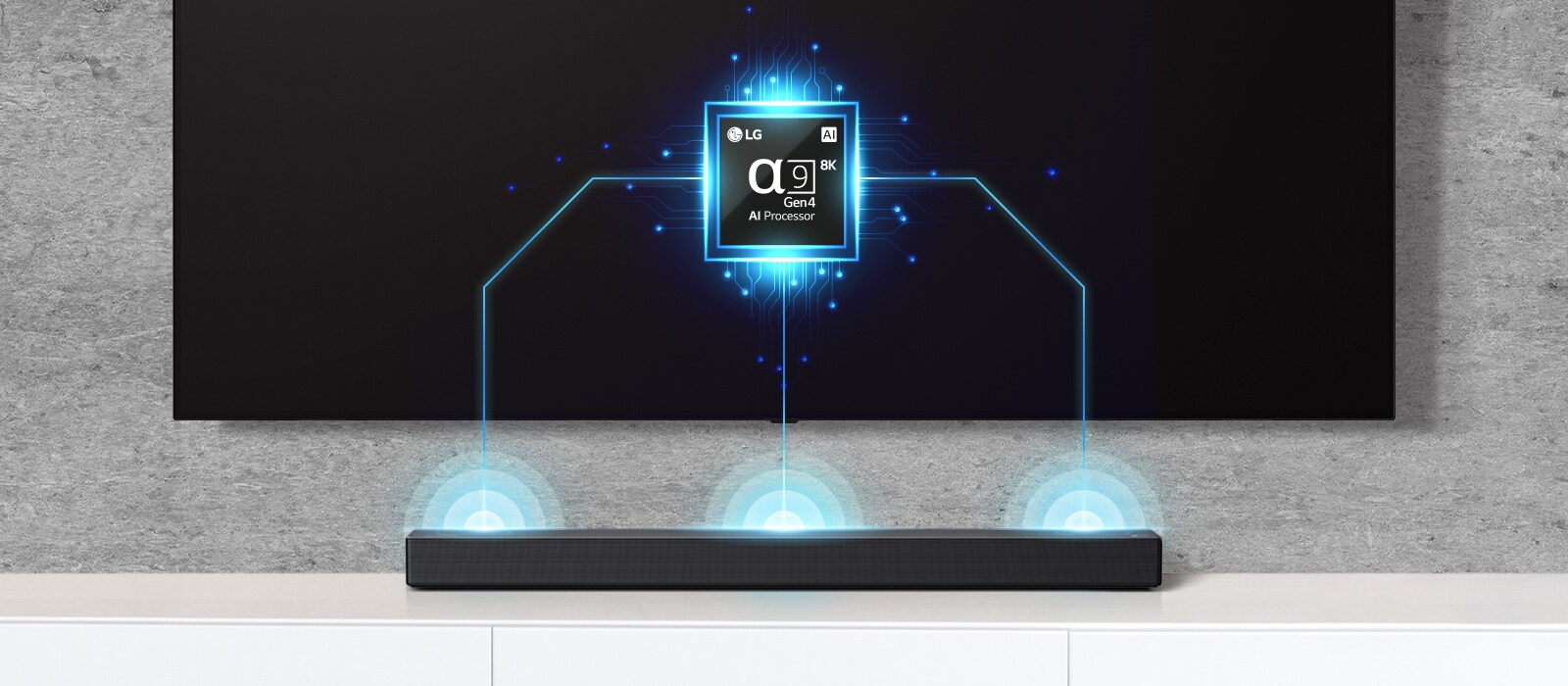 Teleris on alfa üheksa kiibi kujutis ja teleri all on ribakõlar. Ribakõlarist väljub ka helilaine efekt.