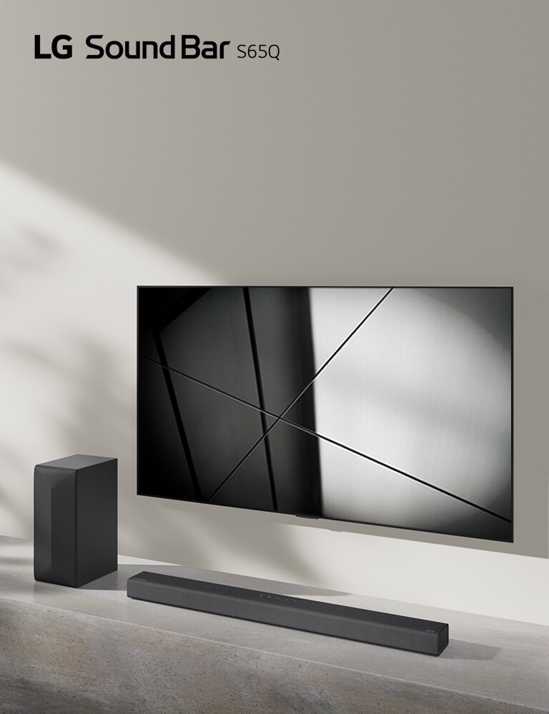 LG soundbar S65Q ja LG televiisor on paigutatud koos elutuppa. Teler näitab mustvalget pilti.
