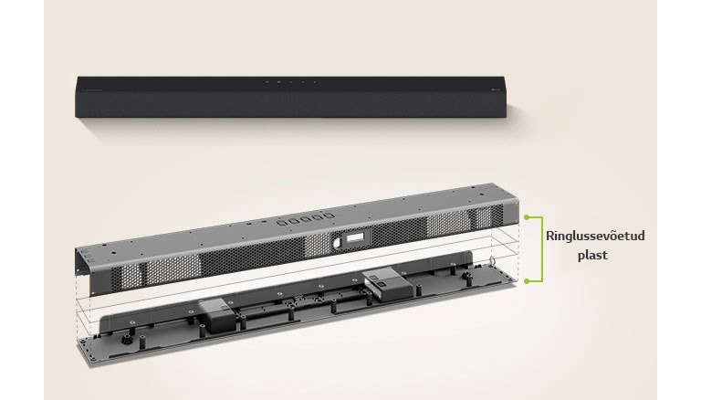 Eespool on soundbari metallraami kujutis ning taga soundbari esikülje vaade.