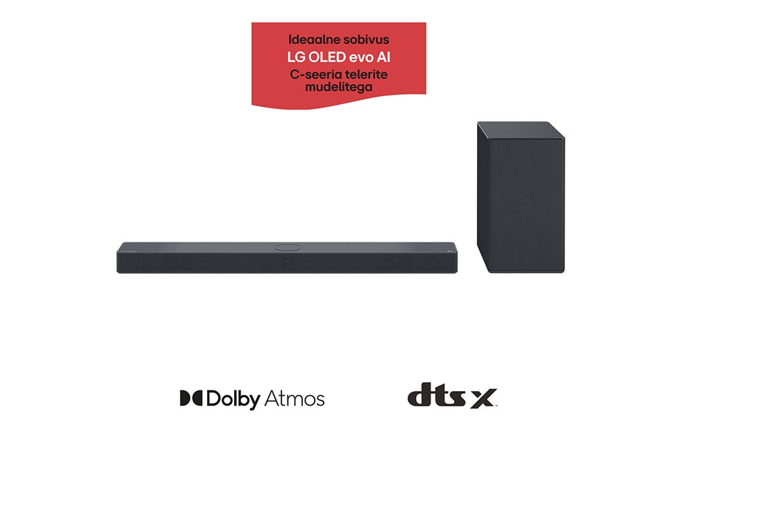 LG 400W, 3.1.3 kanaliga SC9S LG Soundbar helisüsteem koos Dolby Atmos-ga, ideaalne sobivus LG OLED evo AI C-seeria TV, Soundbari ja bassikõlari eestvaade, SC9S