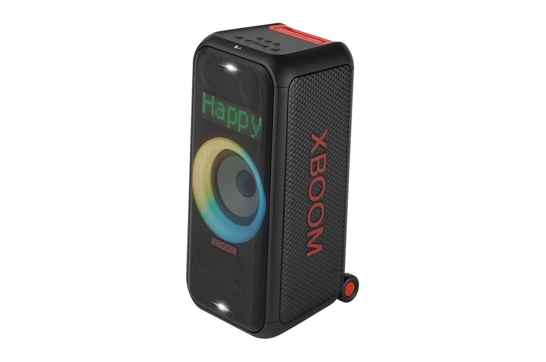 LG XBOOM XL7S, Vasak külg eespool, kõik tuled põlevad. Dünaamilise pikselvalgustuse paneelil on näha tekst „Happy“ (õnnelik)., XL7S, thumbnail 2