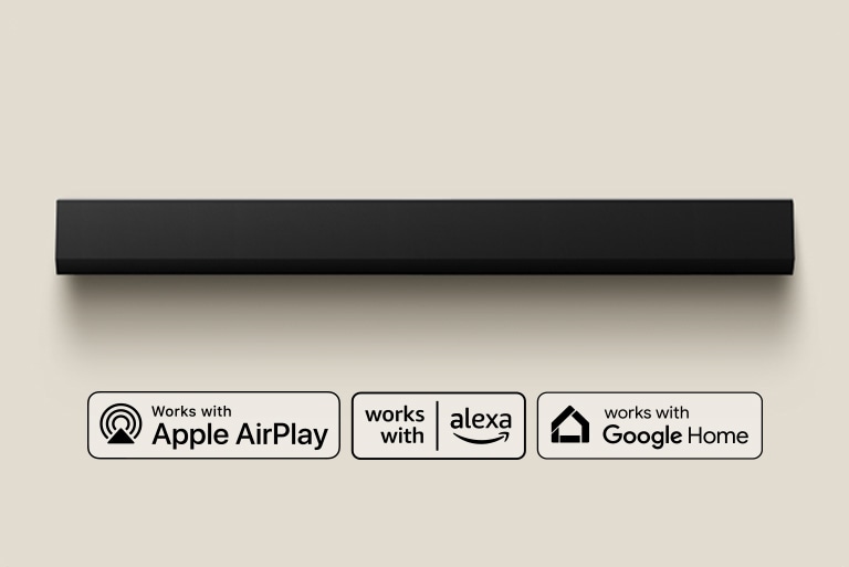 LG Soundbar ribakõlari üldvaade. Apple AirPlay logo Amazon Alexa logo Google Home logo