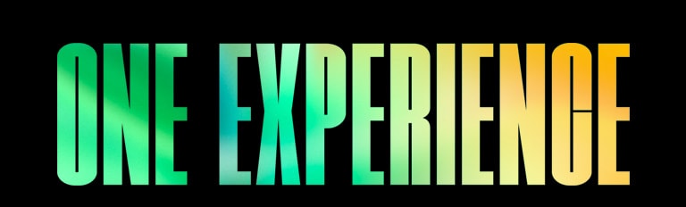 Sõnad 'ONE EXPERIENCE' rohelise ja kollase gradientmustriga.