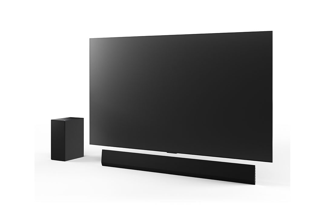 LG 420W, 3.1 kanaliga SG10TY LG Soundbar helisüsteem koos Dolby Atmos-ga, ideaalne sobivus LG OLED evo AI G-seeria TV, 77-tollise LG OLED G4, LG Soundbar SG10TY ribakõlari ja bassikõlari nurgavaade, SG10TY, thumbnail 13