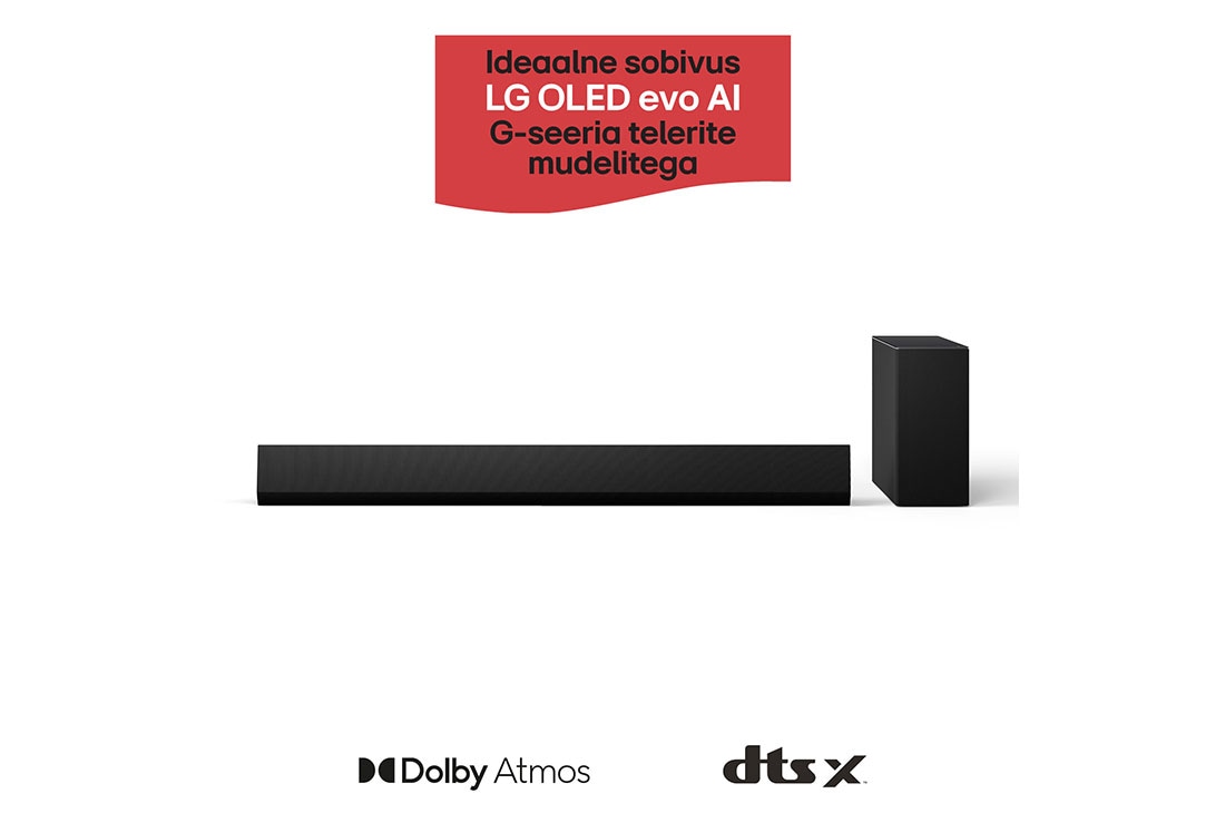 LG 420W, 3.1 kanaliga SG10TY LG Soundbar helisüsteem koos Dolby Atmos-ga, ideaalne sobivus LG OLED evo AI G-seeria TV, LG Soundbar SG10TY ribakõlari ja bassikõlari eestvaade, SG10TY