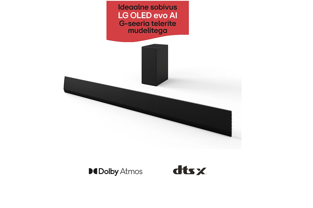 LG 420W, 3.1 kanaliga SG10TY LG Soundbar helisüsteem koos Dolby Atmos-ga, ideaalne sobivus LG OLED evo AI G-seeria TV, LG Soundbar SG10TY ribakõlari ja bassikõlari nurgavaade, SG10TY, thumbnail 2