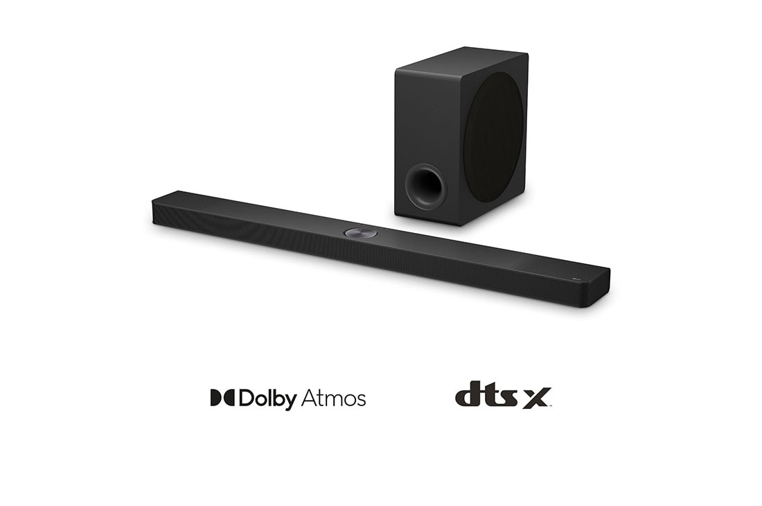 LG 570W, 5.1.3 kanaliga S90TY LG Soundbar helisüsteem koos Dolby Atmos-ga, LG Soundbar S90TY ribakõlari ja bassikõlari nurgavaade, S90TY