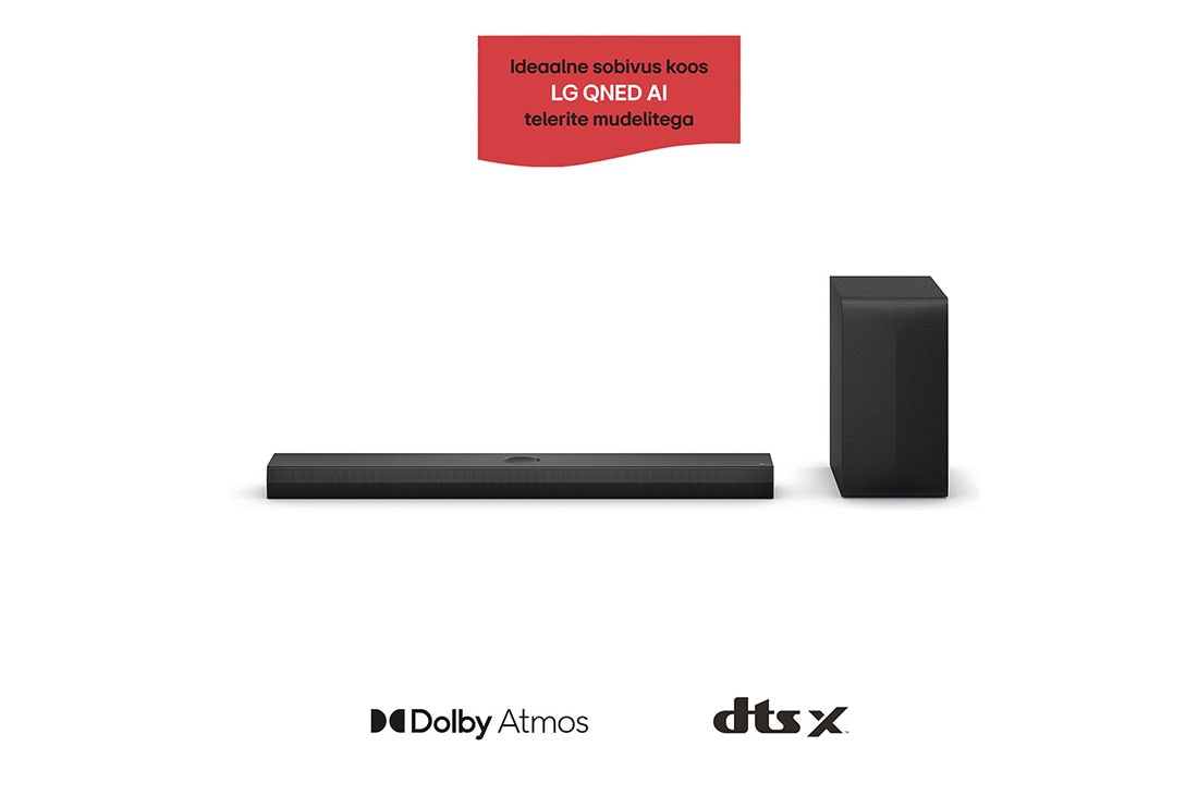 LG 400W, 3.1.1 kanaliga S70TY LG Soundbar helisüsteem koos Dolby Atmos-ga, ideaalne sobivus LG QNED AI TV, LG Soundbar S70TY ribakõlari ja bassikõlari eestvaade, S70TY