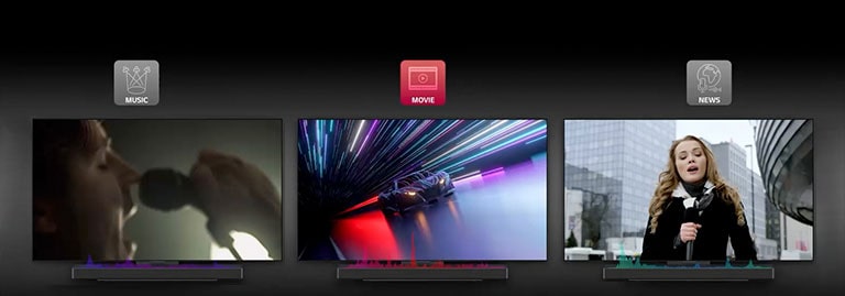 Videoanimatsioon näitab soundbari reziimi AI Sound Pro. Algul näitab see videot võidusõiduautost erinevate värviliste sirgete tulede all, allpool keskel on punased helilained. Seejärel stseen muutub ja laulja hoiab hämaras otse huulte ees mikrofoni ning vasakul on muusikarežiimi sinised ja lillad helilained. Viimaks hoiab naissoost uudistelugeja majade ees seistes mikrofoni, all paremal on rohelised helilained.