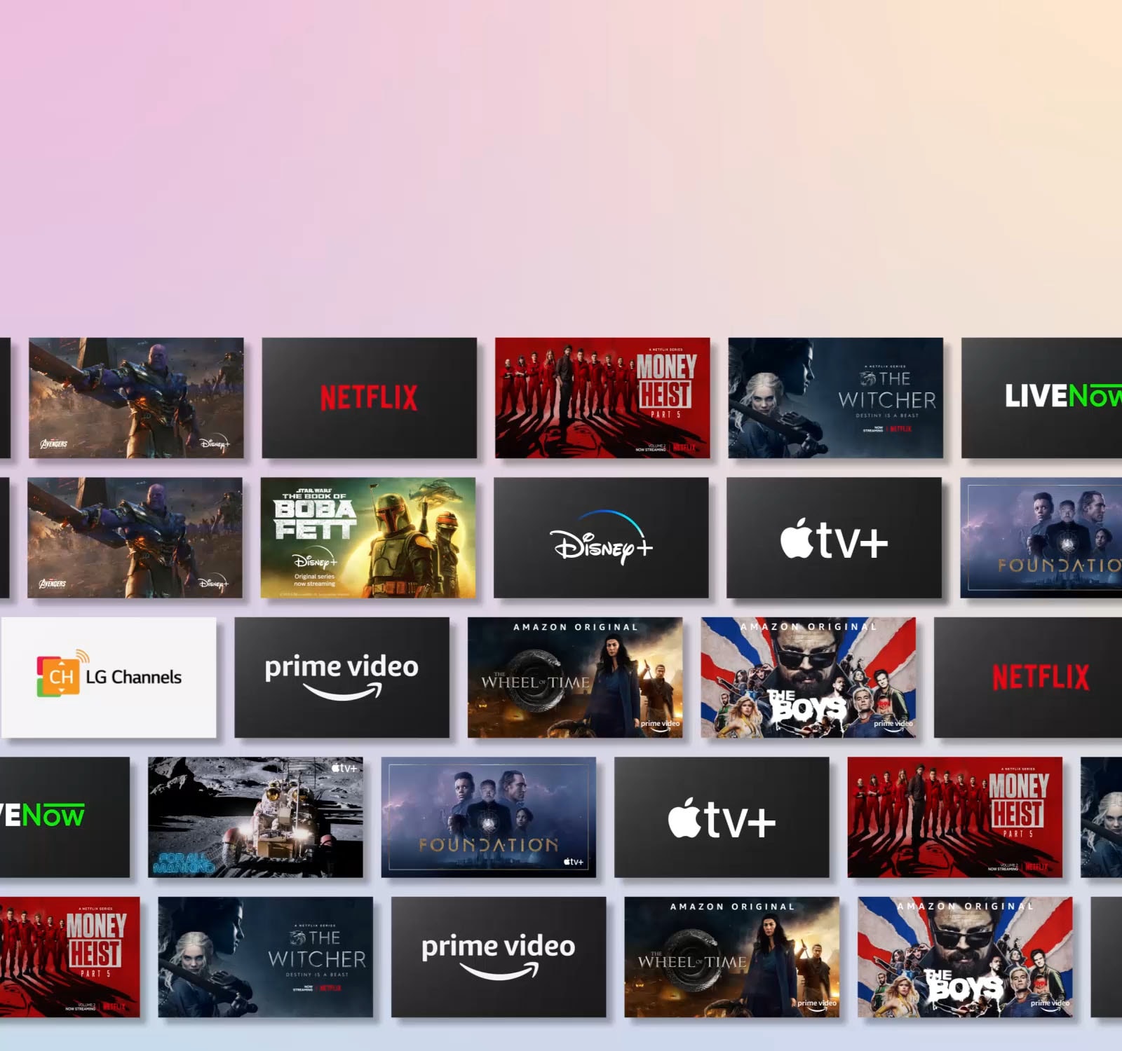 Ilmub ridamisi OTT-sisu, näidates samal ajal OTT-pakkuja logo ja pakutava sisu pisipilte.