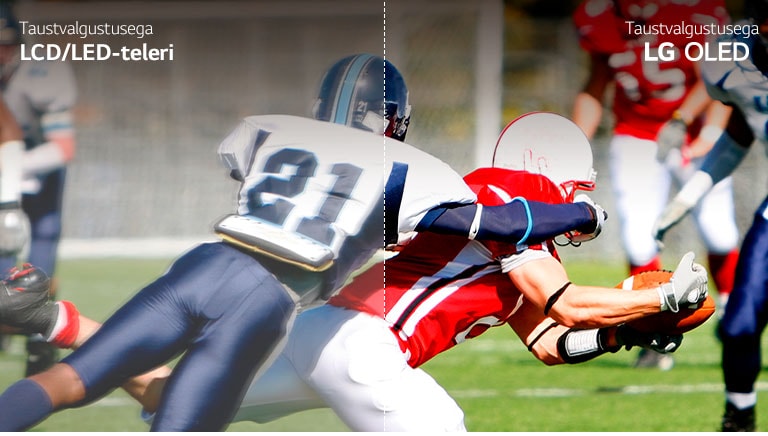 Jalgpallimatši stseen, millest pool on näha uduse pildiga LCD/LED-teleril ning teine pool selge pildiga LG OLED-teleril