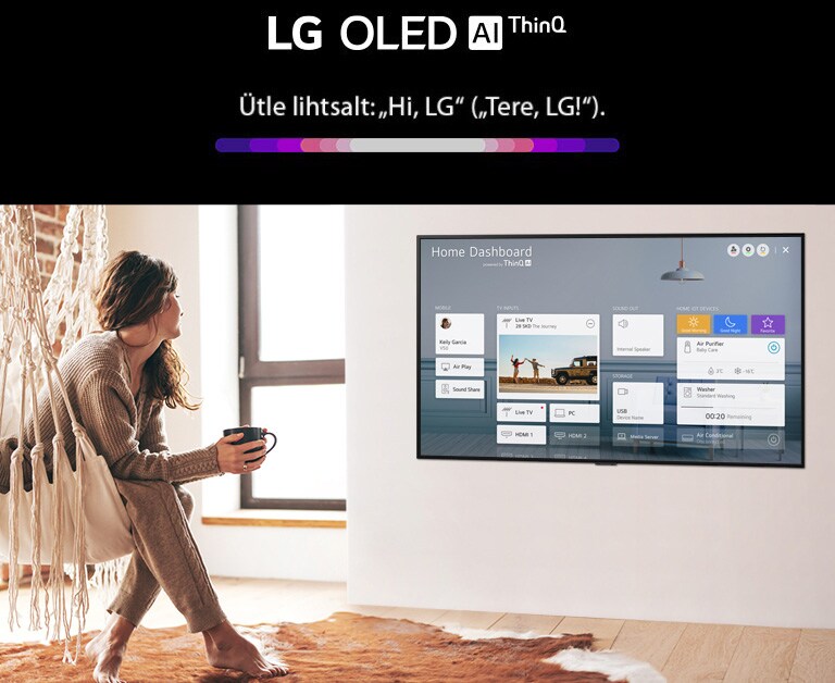 Elutoas toolil istuv naine, teleriekraanil on näha kodune töölaud