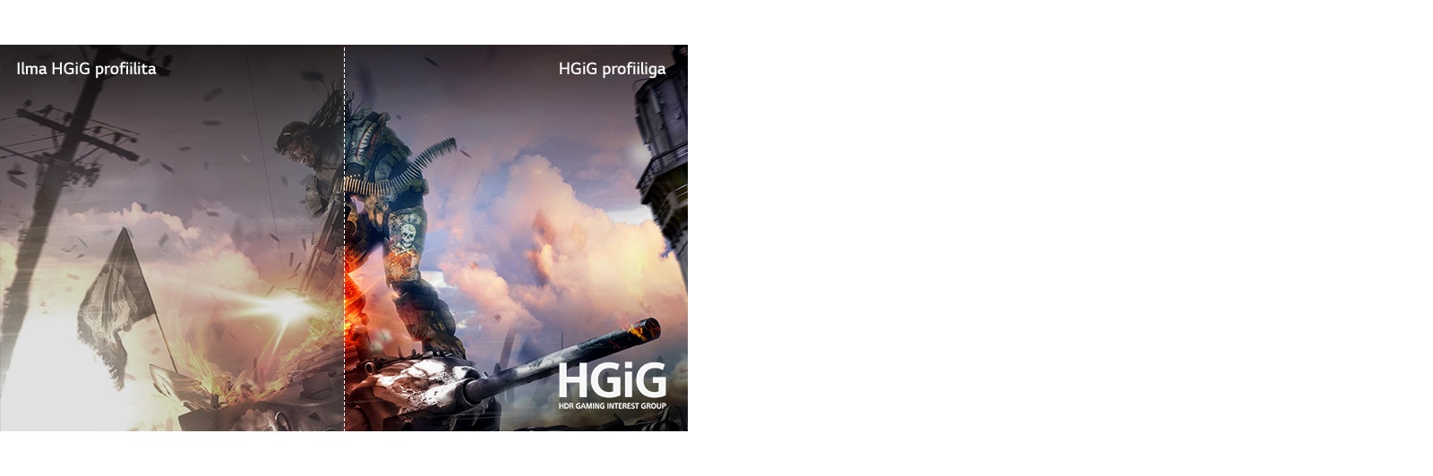 Mängustseen, millest pool on näha kehva pildikvaliteediga LCD/LED-teleril ning teine pool terava ja selge pildiga LG OLED-teleril