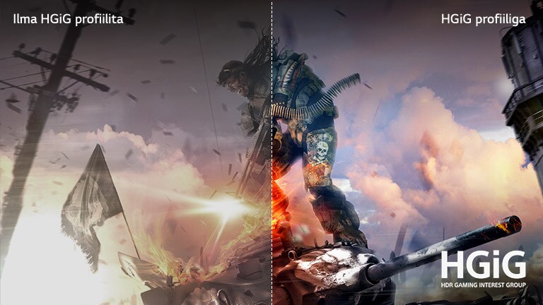 Mängustseen, millest pool on näha kehva pildikvaliteediga LCD/LED-teleril ning teine pool terava ja selge pildiga LG OLED-teleril