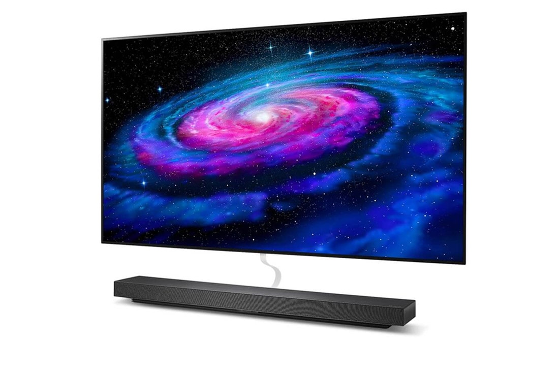 LG 65-tolline OLED 4K teler koos G-Sync™ ja helisüsteem Dolby Atmos, Külgvaade 30 kraadi alt koos täitepildiga, OLED65WX9LA, thumbnail 2