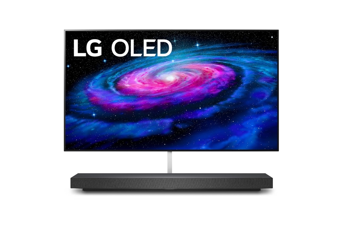 LG 65-tolline OLED 4K teler koos G-Sync™ ja helisüsteem Dolby Atmos, Eestvaade koos täitepildiga, OLED65WX9LA
