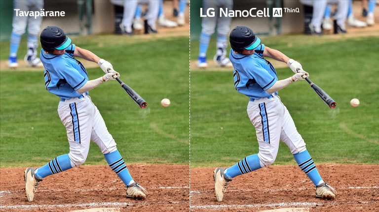 Jalgpallimatši stseen, millest pool on näha uduse pildiga tavapärasel LCD/LED-teleril ning teine pool selge pildiga LG NanoCell-teleril