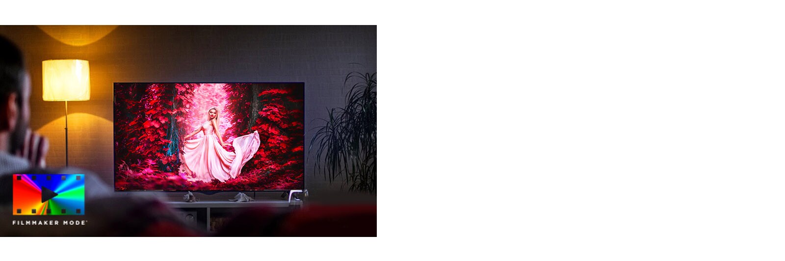 Mees ja naine istuvad elutoas diivanil ja teleriekraanil on näha värvikas film