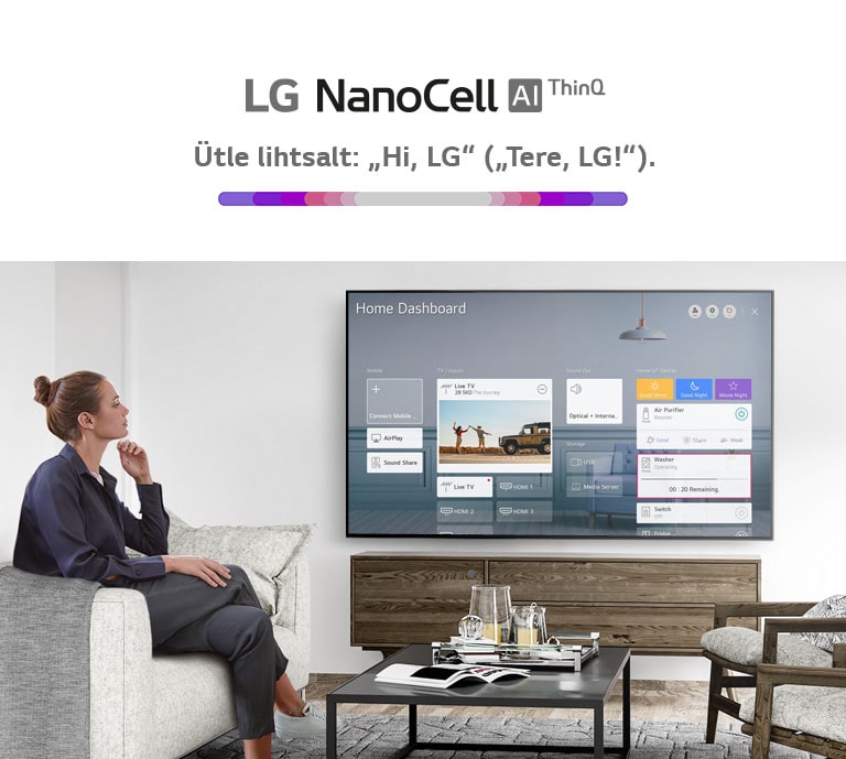 Elutoas diivanil istuv naine, teleriekraanil on näha kodune töölaud