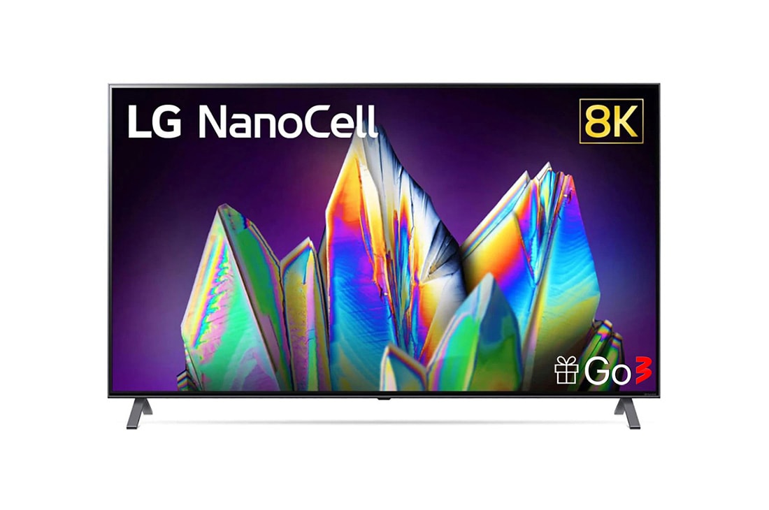 LG 65-tolline NanoCell 8K teler koos protsessor α9 ja helisüsteem Dolby Atmos, front view with infill image and logo, 65NANO993NA