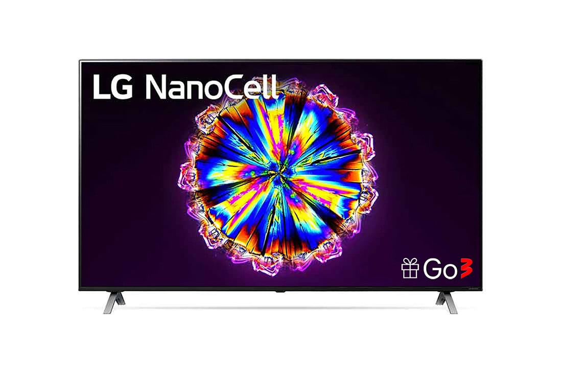 LG 55-tolline NanoCell 4K teler koos protsessor α7 ja helisüsteem Dolby Atmos, eestvaade koos täitepildiga, 55NANO903NA