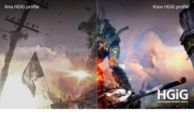 Mängustseen, millest pool on näha kehva pildikvaliteediga LCD/LED-teleril ning teine pool terava ja selge pildiga LG OLED-teleril