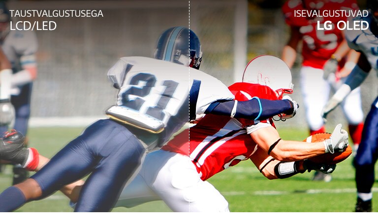 Jalgpallimatši stseen, millest pool on näha uduse pildiga LCD/LED-teleril ning teine pool selge pildiga LG OLED-teleril
