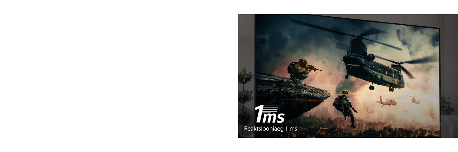 Teleriekraan, mis näitab relvastatud sõdurite ja taevas lendavate helikopteritega stseeni sõjamängust.