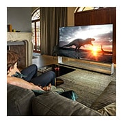 LG 88-tolline OLED 8K teler, Isa ja poeg vaatavad suure ekraaniga telerist dokumentaalfilmi dinosaurustest, OLED88ZX9LA, thumbnail 10