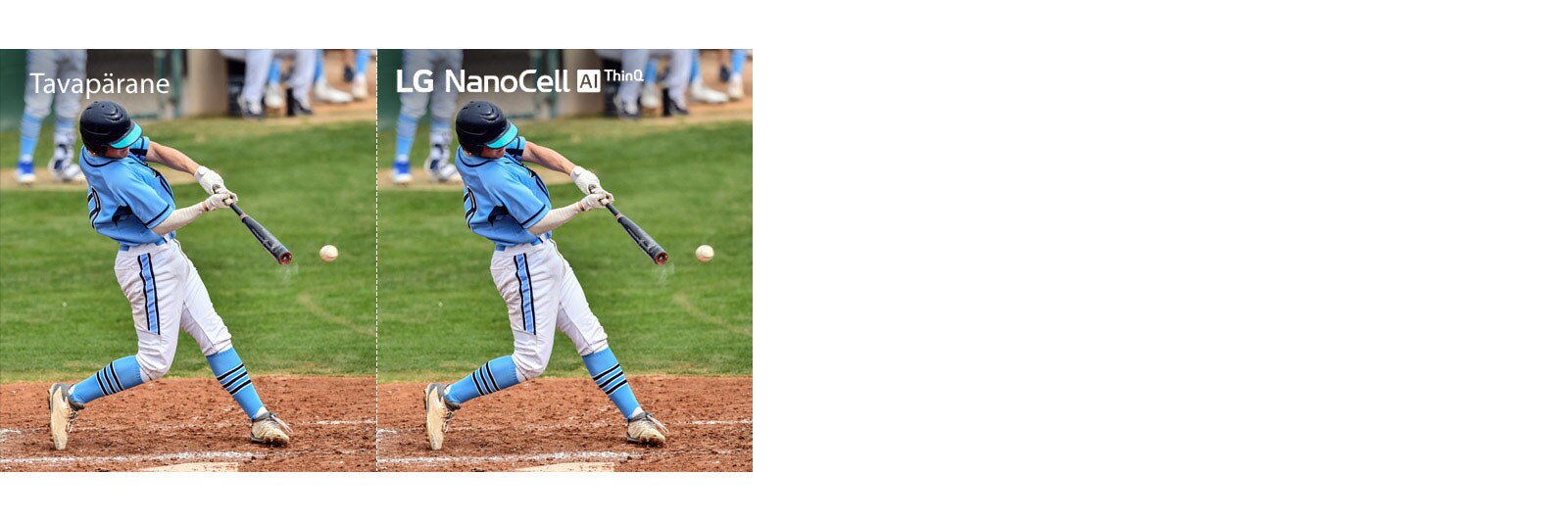 Jalgpallimatši stseen, millest pool on näha uduse pildiga tavapärasel LCD/LED-teleril ning teine pool selge pildiga LG NanoCell-teleril