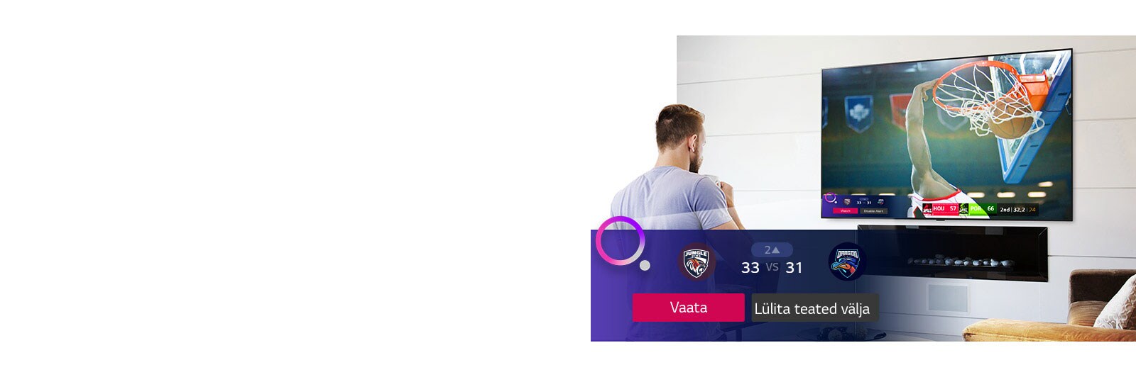 Teleriekraan, mis näitab korvpallimängu koos Sports Alerti teatega