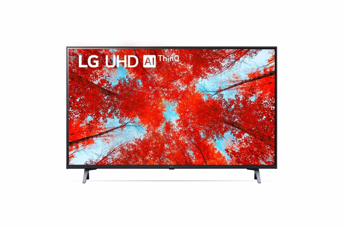 LG 43-tolline UHD 4K teler 43UQ9000, LG UHD-teleri esivaade täitekujutise ja toote logoga, 43UQ90003LA