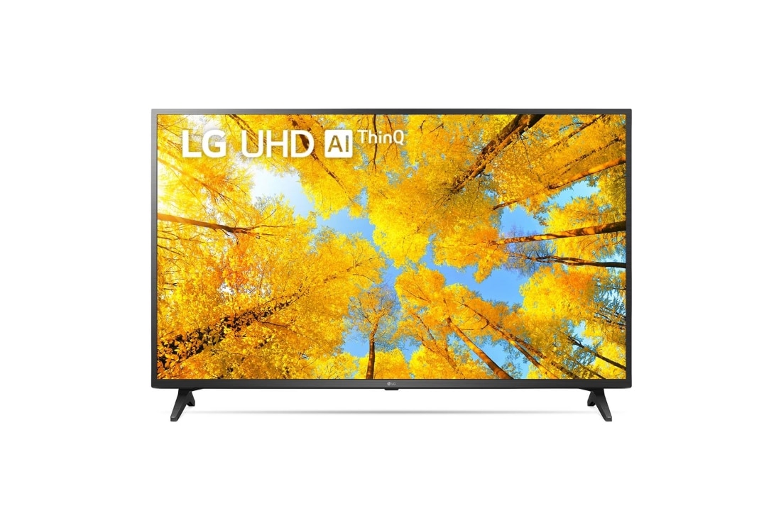 LG 65-tolline UHD 4K teler 65UQ7500, LG UHD-teleri esivaade täitekujutise ja toote logoga, 65UQ75003LF