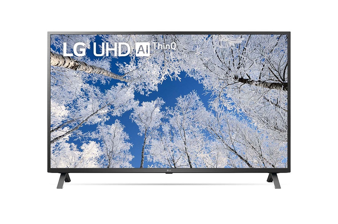 LG 43-tolline UHD 4K teler 43UQ7000, LG UHD-teleri esivaade täitekujutise ja toote logoga, 43UQ70003LB