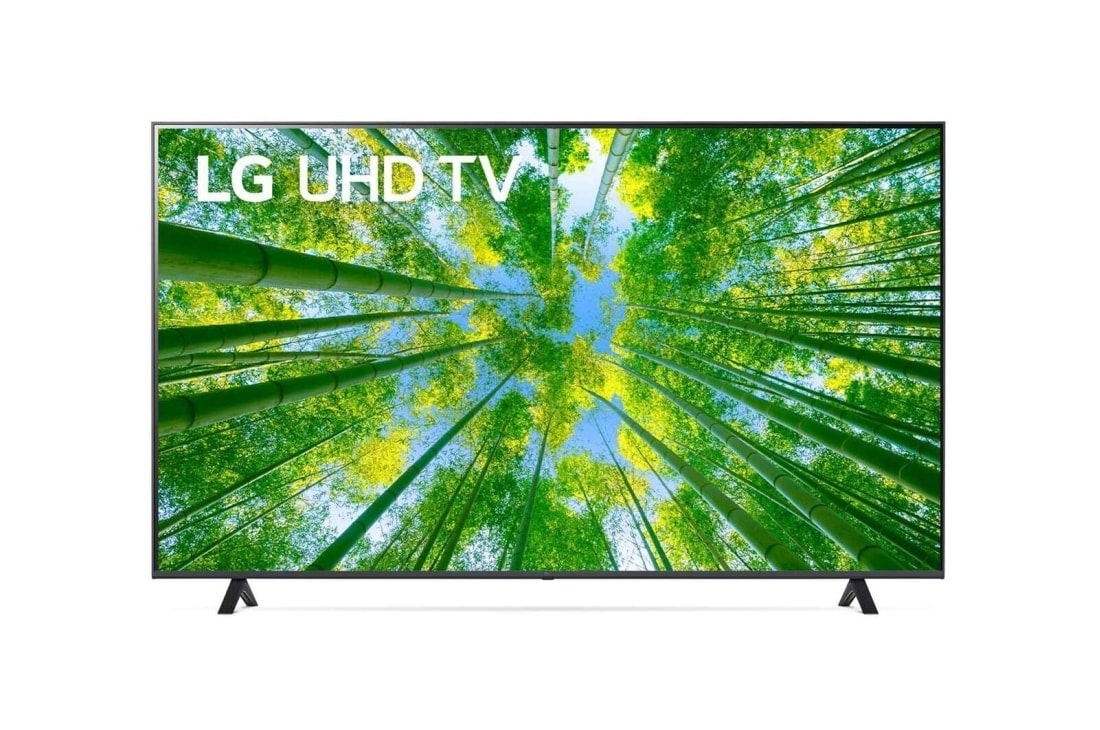 LG 75-tolline UHD 4K teler 75UQ8000, LG UHD-teleri esivaade täitekujutise ja toote logoga, 75UQ80003LB