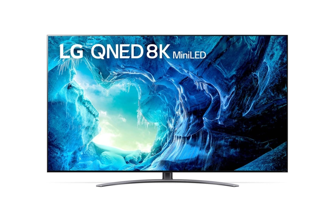 LG 75-tolline 8K QNED MiniLED teler QNED96, LG QNED-teleri esivaade täitekujutise ja toote logoga, 75QNED963QA