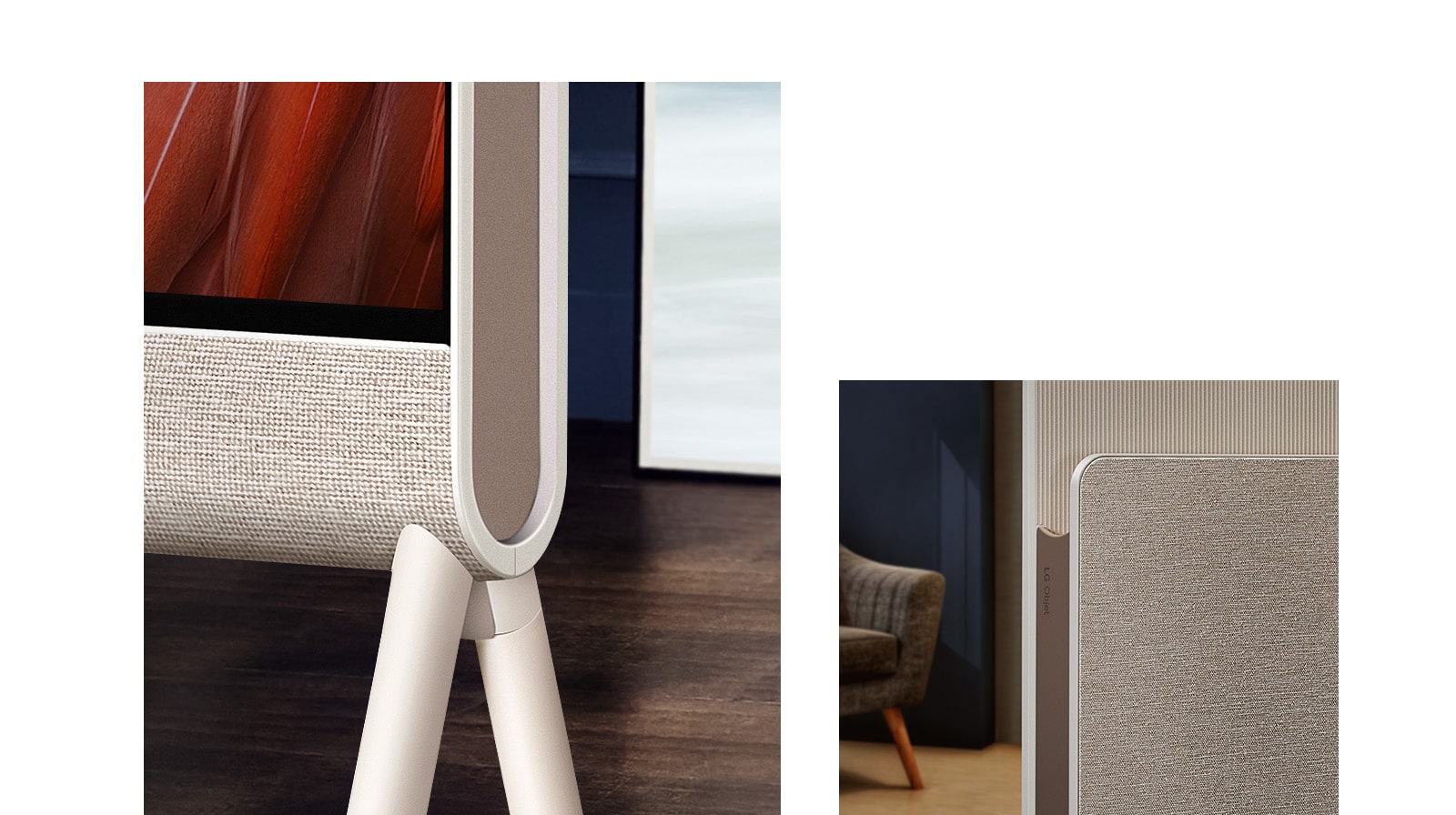 Zbliżenie na przód telewizora Posé z zaznaczoną tkaniną w ramie i drewnianą podłogą w tle.  Zbliżenie na tkaninę pokrycia stojaka do drukowania i logo LG Objet, w tle fotel.