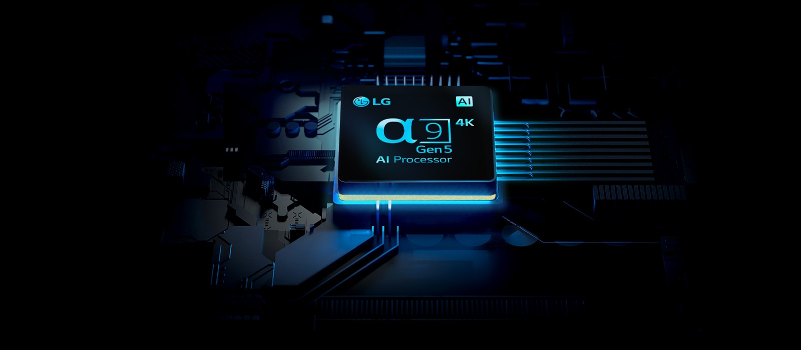 Światło promieniuje z układu 4K procesora LG ⍺9 Gen5 AI.