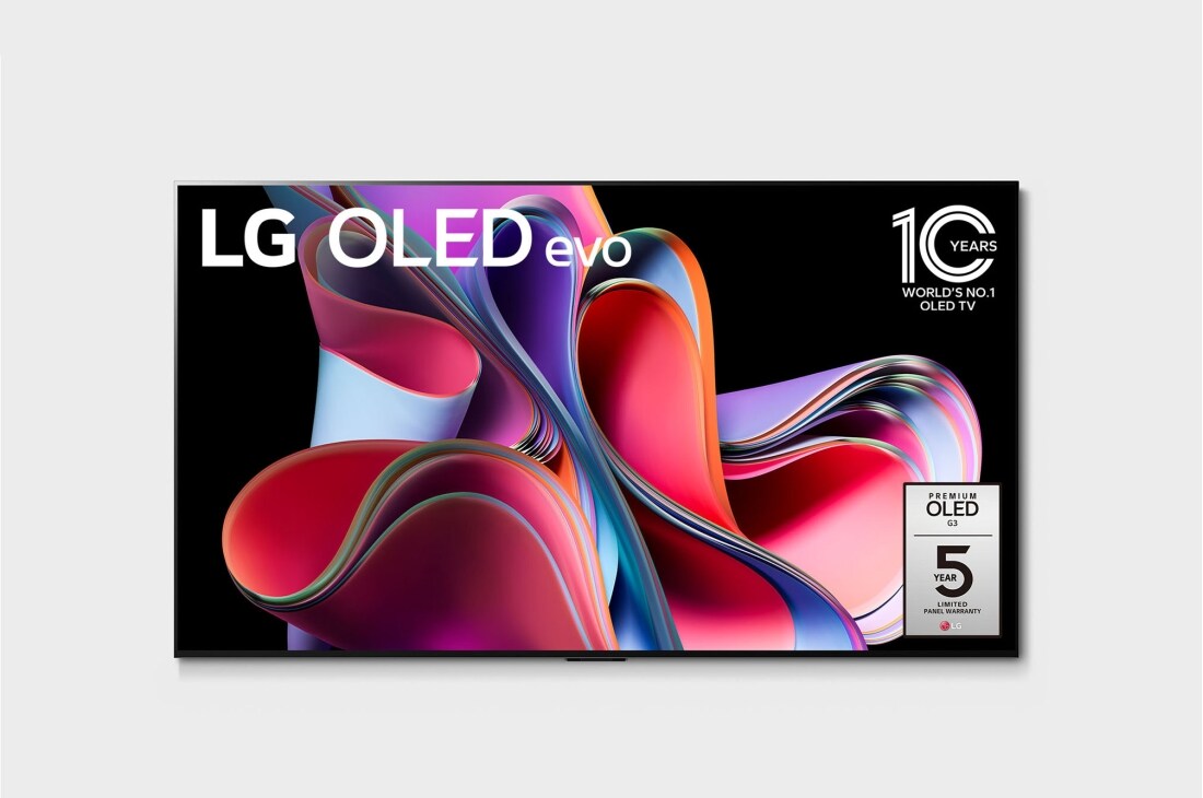 LG OLED evo G3 65-tolline 4K nutiteler 2023, LG OLED evo eestvaade, embleem „10 aastat maailma nr.1 OLED“ ja 5-aastase paneeligarantii logo ekraanil., OLED65G33LA