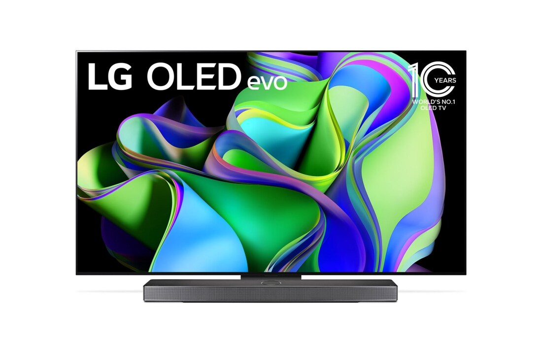 LG OLED evo C3 77-tolline 4K nutiteler 2023, LG OLED evo eestvaade, embleem „10 aastat maailma nr. 1 OLED“ ekraanil, teleri all on Soundbar. , OLED77C32LA