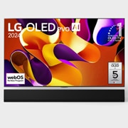 LG 65-tolline LG OLED evo AI G4 4K nuti TV OLED65G4 WebOS24 2024, LG OLED evo AI TV, OLED G4, eestvaade, 11 aastat maailmas esikohal olnud OLED-embleem ja webOS-i Re:New Program logo ekraanil ja paneeli 5-aastase garantii logo ekraanil ning ka allpool olev Soundbar , OLED65G42LW, thumbnail 1