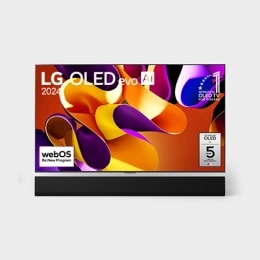 LG OLED evo AI TV, OLED G4, eestvaade, 11 aastat maailmas esikohal olnud OLED-embleem ja webOS-i Re:New Program logo ekraanil ja paneeli 5-aastase garantii logo ekraanil ning ka allpool olev Soundbar 2