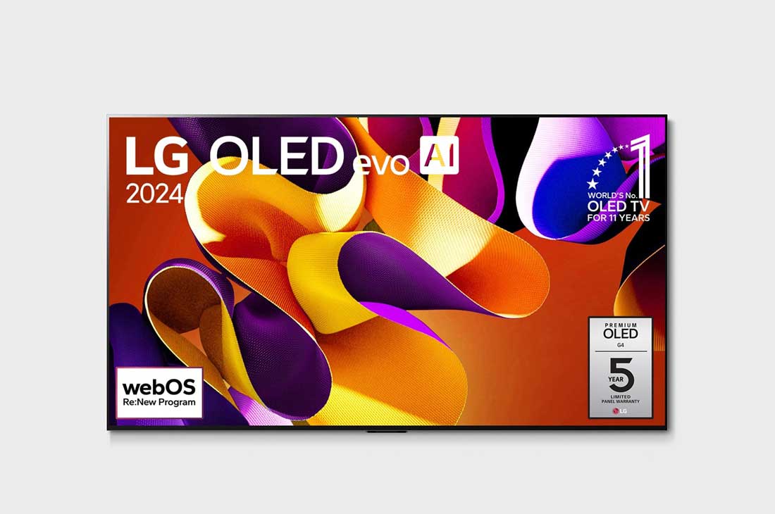 LG 77-tolline LG OLED evo AI G4 4K nuti TV OLED77G4 WebOS24 2024, LG OLED evo AI TV, OLED G4 eestvaade, 11 aastat maailmas esikohal olnud OLED-embleem ja webOS-i Re:New Program logo ja paneeli 5-aastase garantii logo ekraanil, OLED77G42LW, thumbnail 4