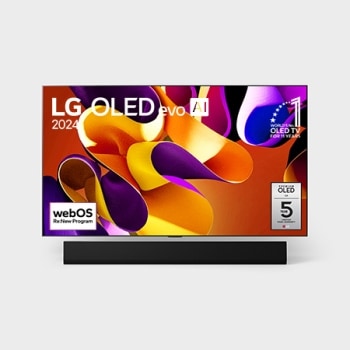 LG OLED evo AI TV, OLED G4, eestvaade, 11 aastat maailmas esikohal olnud OLED-embleem ja webOS-i Re:New Program logo ekraanil ja paneeli 5-aastase garantii logo ekraanil ning ka allpool olev Soundbar 
