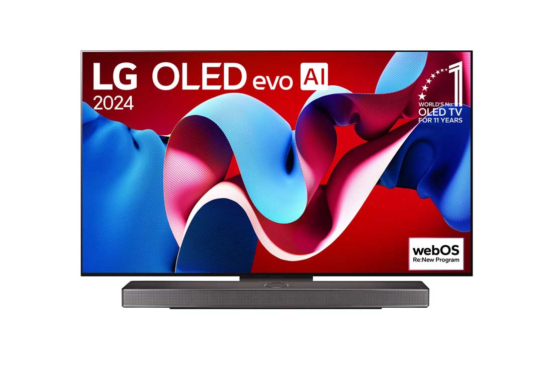 LG 55-tolline LG OLED evo AI C4 4K nuti TV OLED55C4 WebOS24 2024, LG OLED evo AI TV, OLED C4, eestvaade, 11 aastat maailmas esikohal olnud OLED-embleemi ja webOS-i Re:New Program logo ekraanil ning ka allpool olev ribakõlar, OLED55C41LA