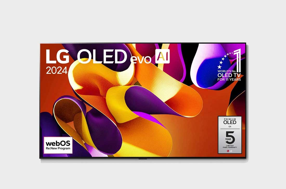 LG 55-tolline LG OLED evo AI G4 4K nuti TV OLED55G4 WebOS24 2024, LG OLED evo AI TV, OLED G4 eestvaade, 11 aastat maailmas esikohal olnud OLED-embleem ja webOS-i Re:New Program logo ja paneeli 5-aastase garantii logo ekraanil, OLED55G42LW