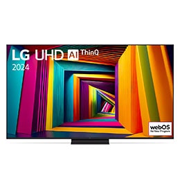 LG UHD TV, UT90 eestvaade, ekraanil tekst LG UHD AI ThinQ, 2024 ja webOS Re:New Program logo2