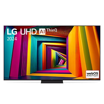LG UHD TV, UT90 eestvaade, ekraanil tekst LG UHD AI ThinQ, 2024 ja webOS Re:New Program logo1