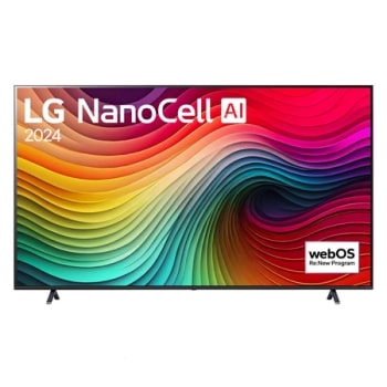 LG NanoCell TV, NANO80 eestvaade, ekraanil tekst LG NanoCell, 2024 ja webOS Re:New Program logo1